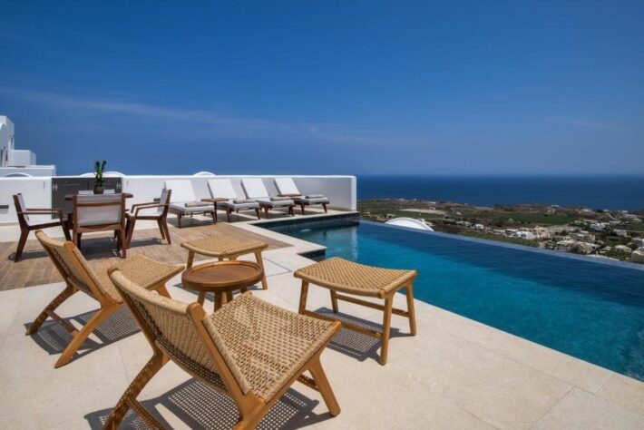 Venus Sunrise Vourvoulos luxury suite terrace with private pool and sea view⁠